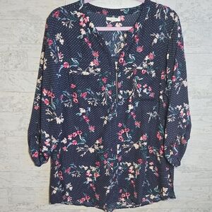 Maurices Blouse Navy Floral Pink Polka Dot Womans XL